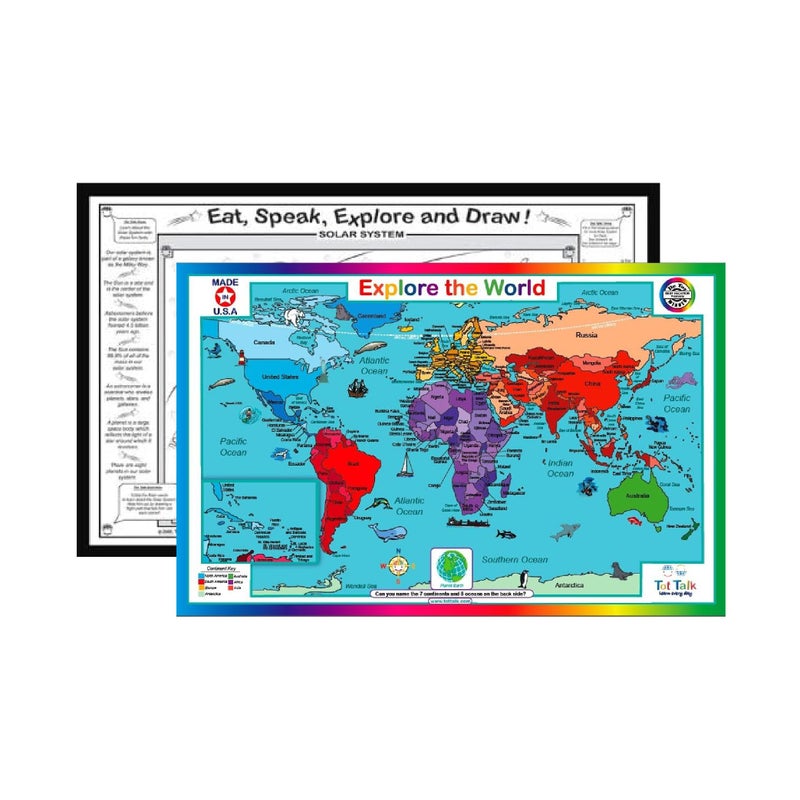 Tot Talk World Map Educational Placemat - Explore Continents, Oceans, & Countries of The World â€“ Made in USA - Blank Map on Reverse for Testing â€“ Durable, Washable, Reusable, BPA-Free, by Tot Talk, 11.5â€x17.5â€ - Image 1